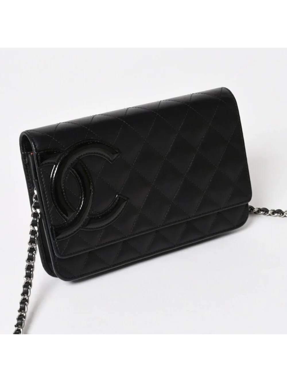 Chanel Cambon Line Chain Wallet Quilted Lambskin CC Logo Patent Black Pink